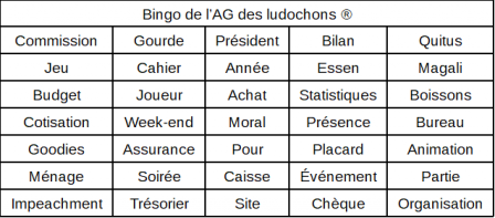Bingo de l'AG des ludochons, sept. 2019